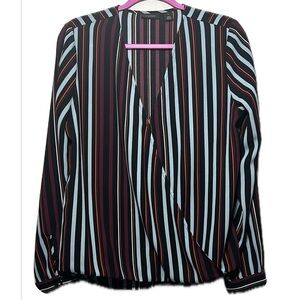 Halogen Striped Wrap Blouse, Black Burgundy teal, Long Sleeve - size M - NWOT